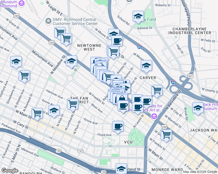map of restaurants, bars, coffee shops, grocery stores, and more near in Richmond