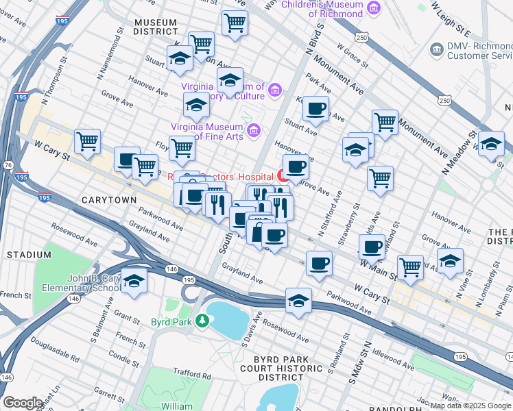map of restaurants, bars, coffee shops, grocery stores, and more near 2710a West Main Street in Richmond
