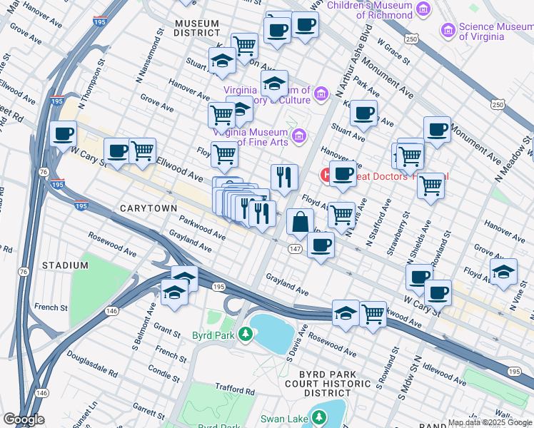 map of restaurants, bars, coffee shops, grocery stores, and more near 8 South Arthur Ashe Boulevard in Richmond