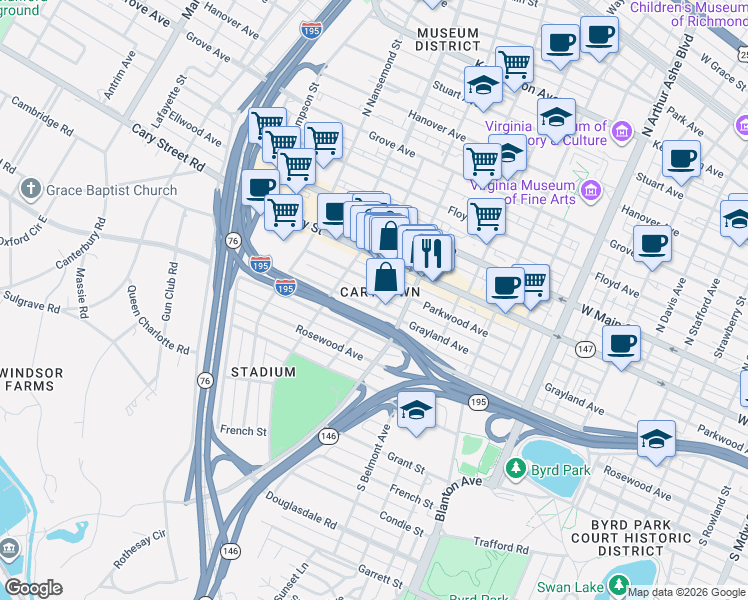 map of restaurants, bars, coffee shops, grocery stores, and more near in Richmond