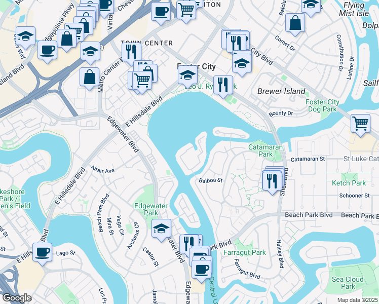 map of restaurants, bars, coffee shops, grocery stores, and more near 617 Portofino Lane in Foster City