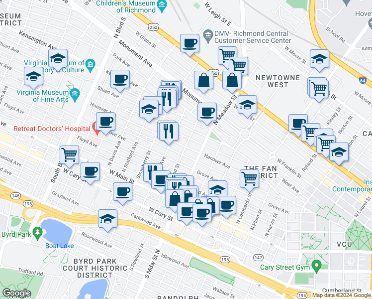 map of restaurants, bars, coffee shops, grocery stores, and more near 2027 Hanover Avenue in Richmond