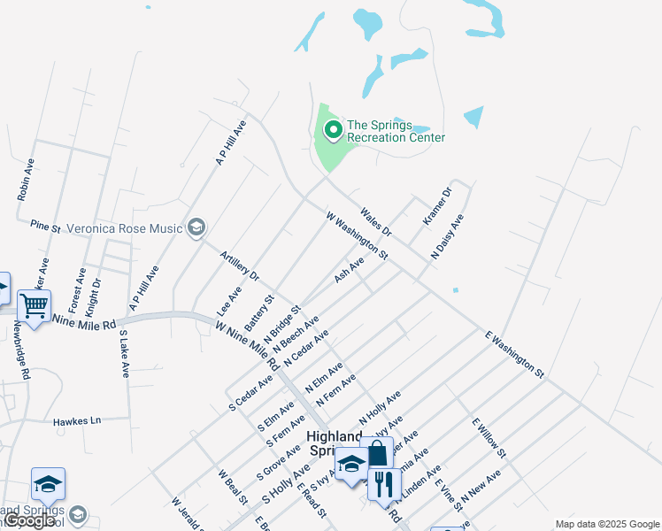 map of restaurants, bars, coffee shops, grocery stores, and more near 126 North Bridge Street in Highland Springs