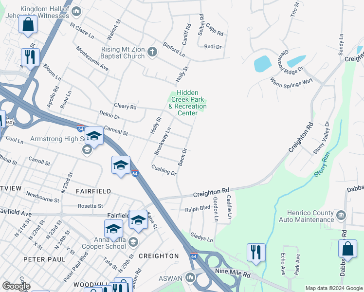 map of restaurants, bars, coffee shops, grocery stores, and more near 2200 Beck Drive in Richmond
