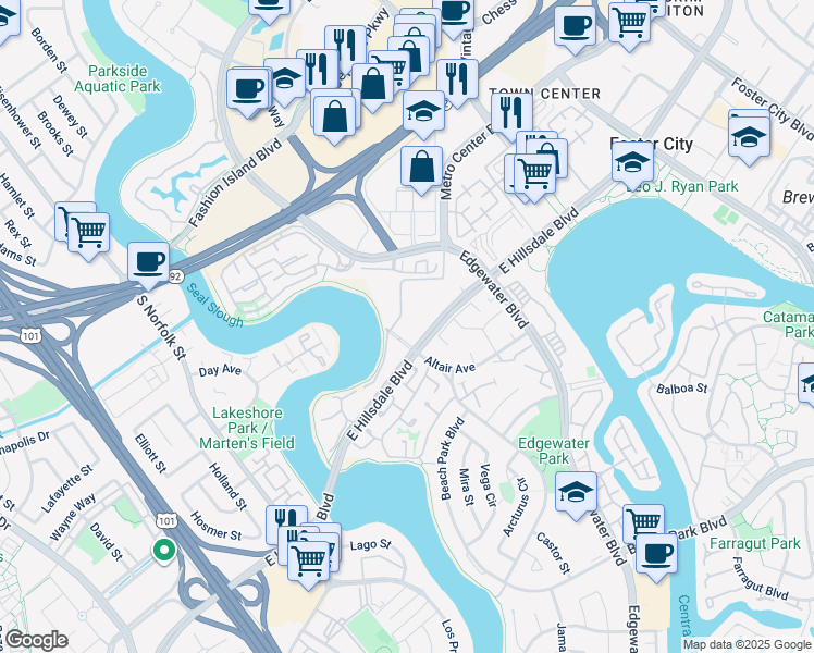 map of restaurants, bars, coffee shops, grocery stores, and more near 800 Sea Spray Lane in Foster City
