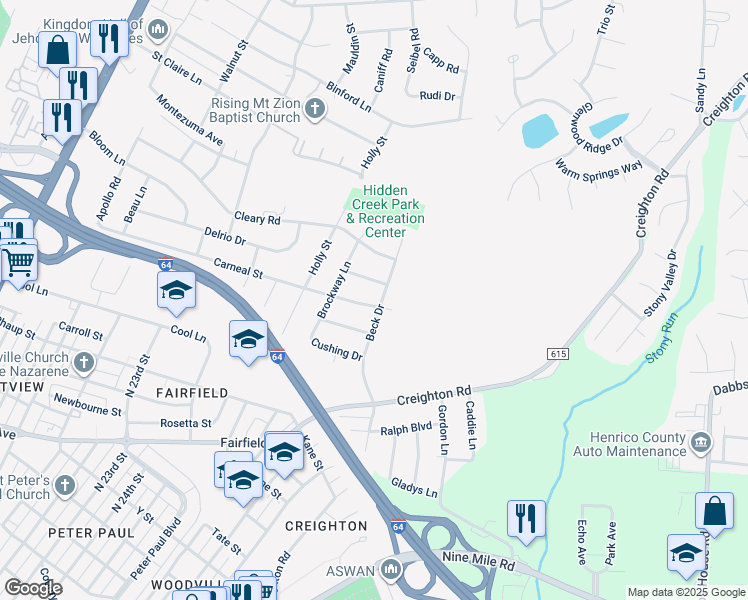 map of restaurants, bars, coffee shops, grocery stores, and more near 2200 Beck Drive in Richmond