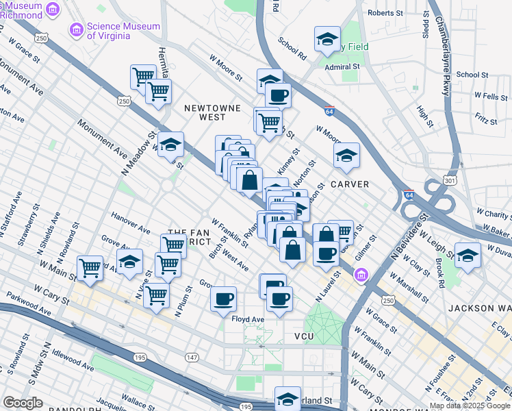 map of restaurants, bars, coffee shops, grocery stores, and more near in Richmond