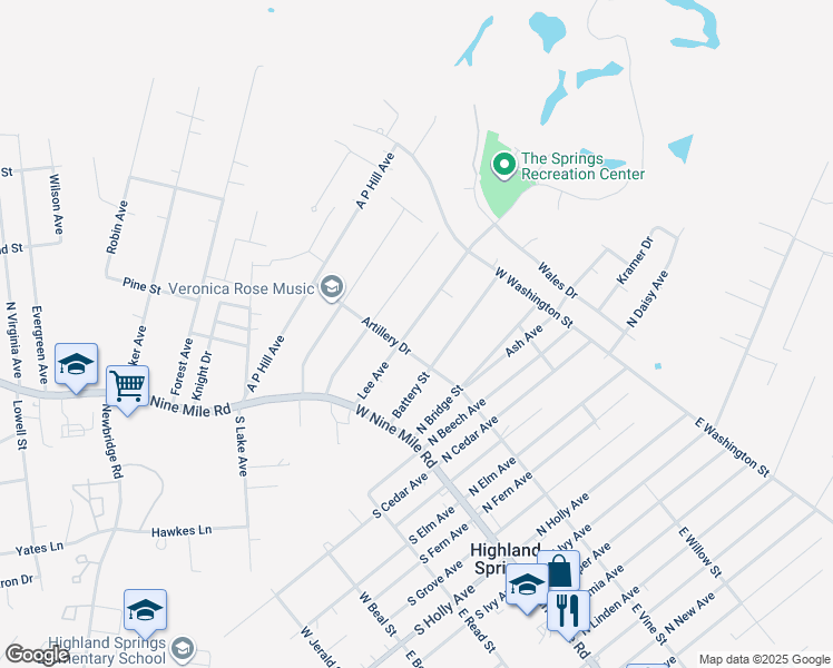 map of restaurants, bars, coffee shops, grocery stores, and more near 107 Lee Avenue in Highland Springs