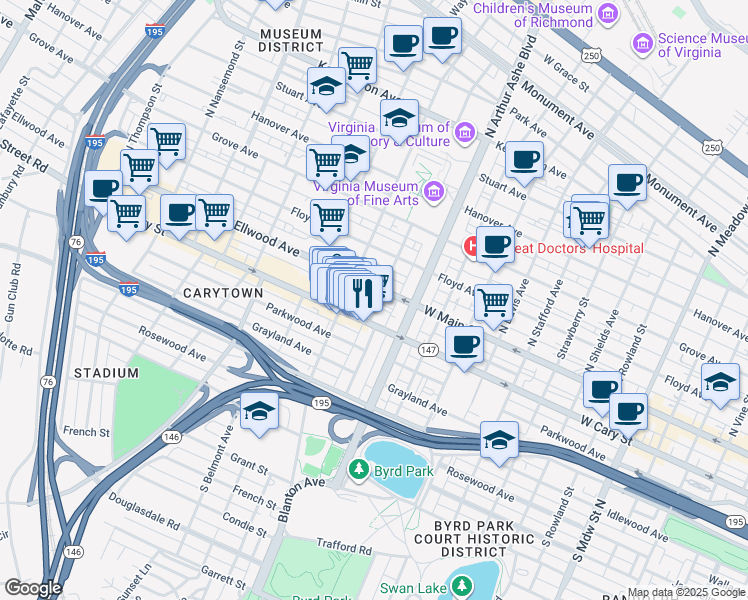 map of restaurants, bars, coffee shops, grocery stores, and more near 2918 West Cary Street in Richmond