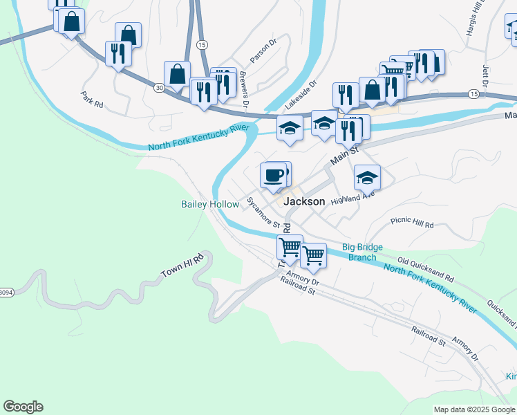 map of restaurants, bars, coffee shops, grocery stores, and more near 215 Sycamore Street in Jackson