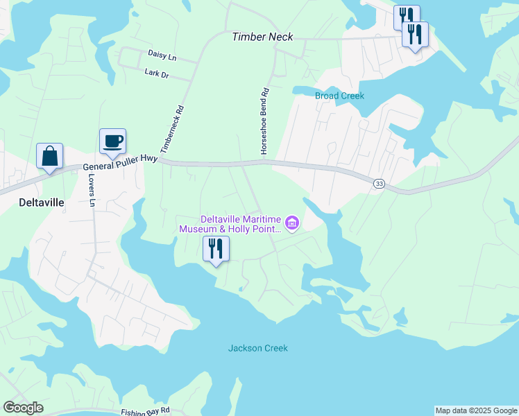 map of restaurants, bars, coffee shops, grocery stores, and more near 287 Jackson Creek Road in Deltaville