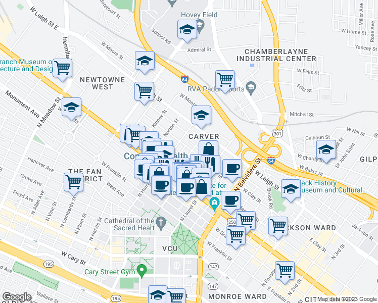 map of restaurants, bars, coffee shops, grocery stores, and more near 1101 West Clay Street in Richmond