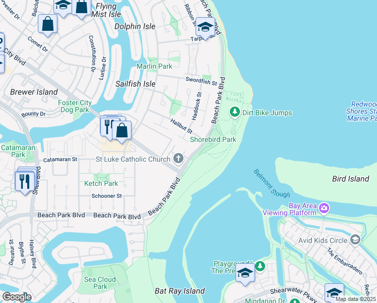 map of restaurants, bars, coffee shops, grocery stores, and more near 1248 Moonsail Lane in Foster City