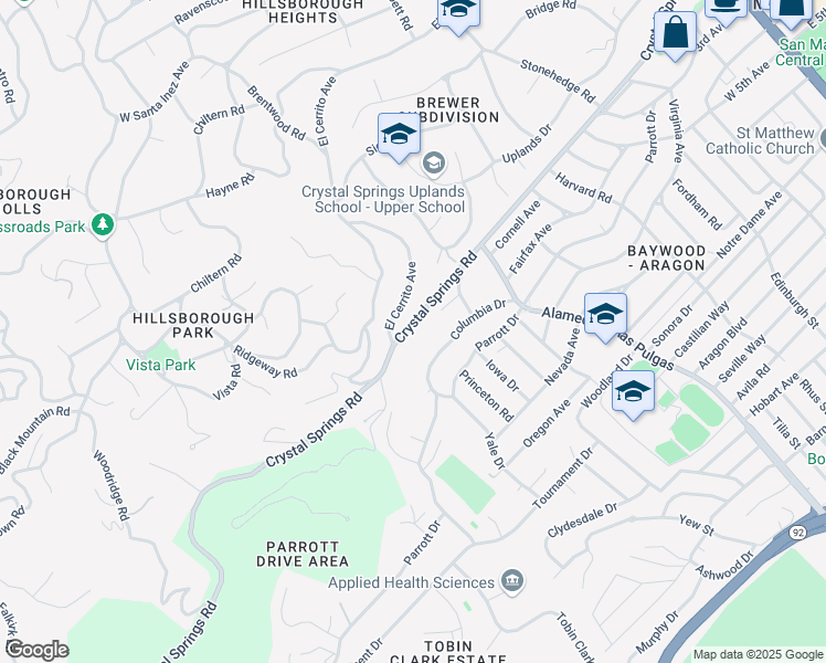 map of restaurants, bars, coffee shops, grocery stores, and more near 791 Crystal Springs Road in San Mateo