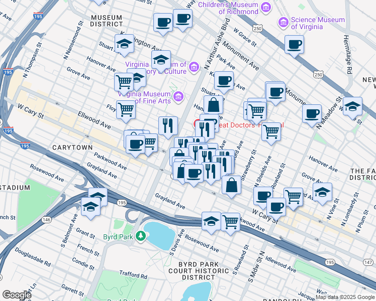 map of restaurants, bars, coffee shops, grocery stores, and more near 11 North Mulberry Street in Richmond
