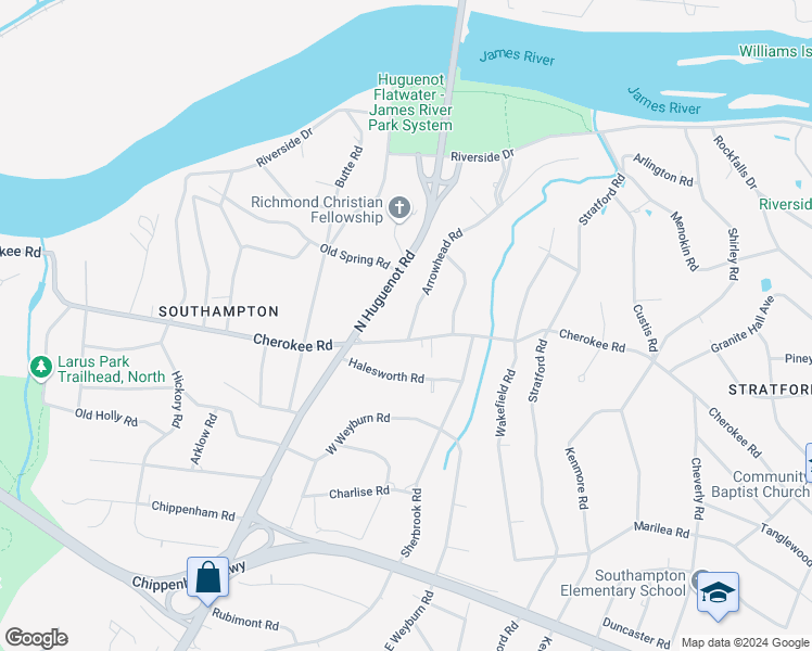 map of restaurants, bars, coffee shops, grocery stores, and more near 4212 Arrowhead Road in Richmond