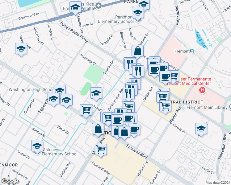 map of restaurants, bars, coffee shops, grocery stores, and more near 3599 Pennsylvania Avenue in Fremont