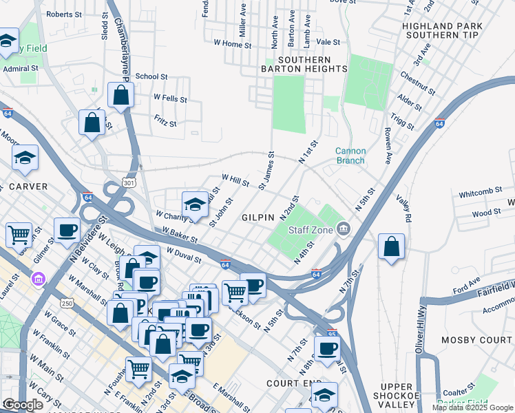 map of restaurants, bars, coffee shops, grocery stores, and more near in Richmond