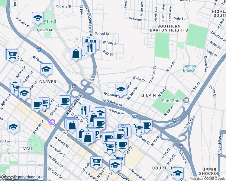 map of restaurants, bars, coffee shops, grocery stores, and more near 218 West Charity Street in Richmond