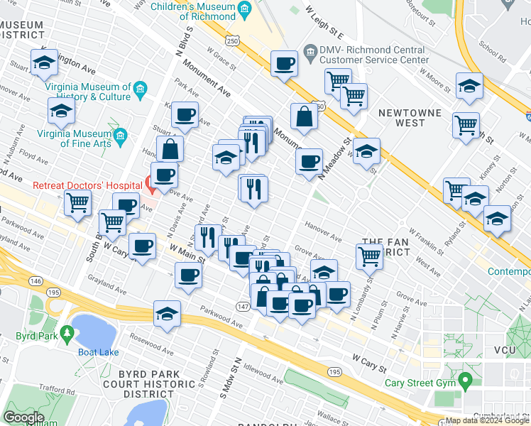 map of restaurants, bars, coffee shops, grocery stores, and more near 2100 Grove Avenue in Richmond
