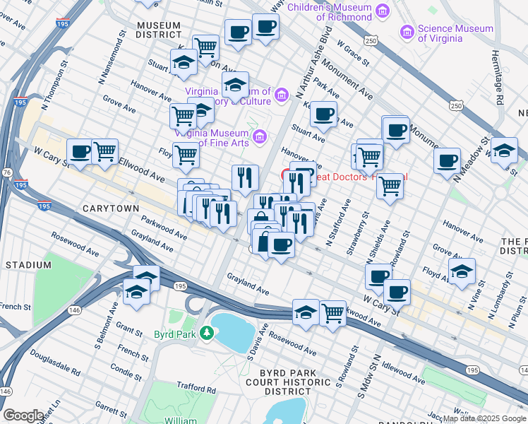 map of restaurants, bars, coffee shops, grocery stores, and more near 2710a West Main Street in Richmond