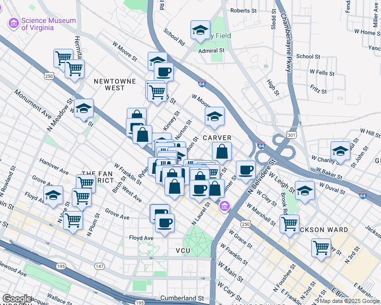 map of restaurants, bars, coffee shops, grocery stores, and more near 1114 1/2 West Marshall Street in Richmond