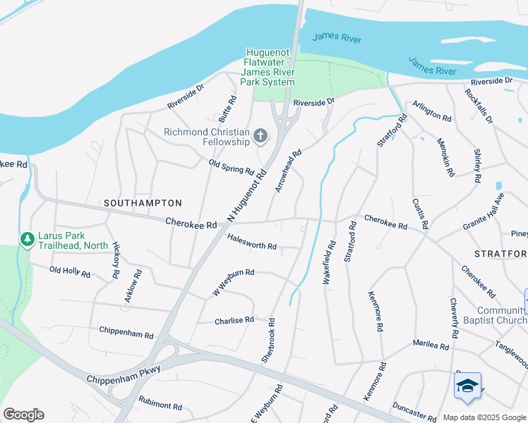 map of restaurants, bars, coffee shops, grocery stores, and more near 4212 Arrowhead Road in Richmond