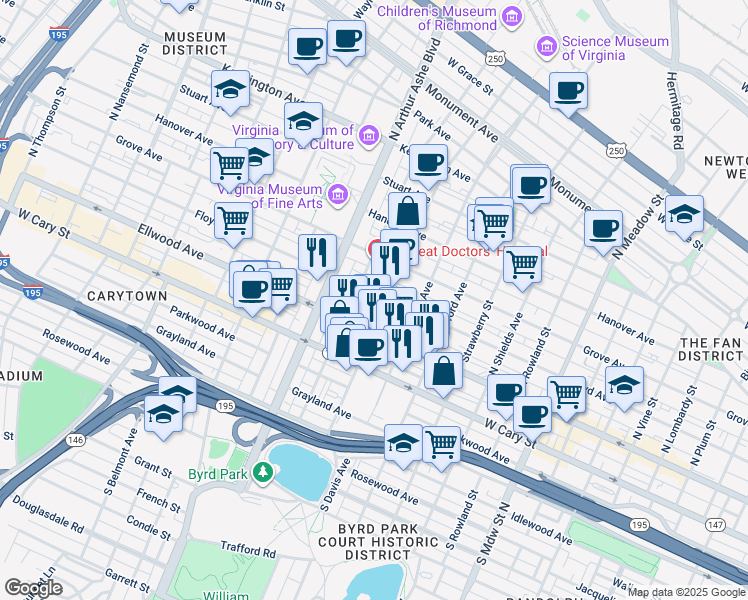 map of restaurants, bars, coffee shops, grocery stores, and more near 2611 Floyd Avenue in Richmond