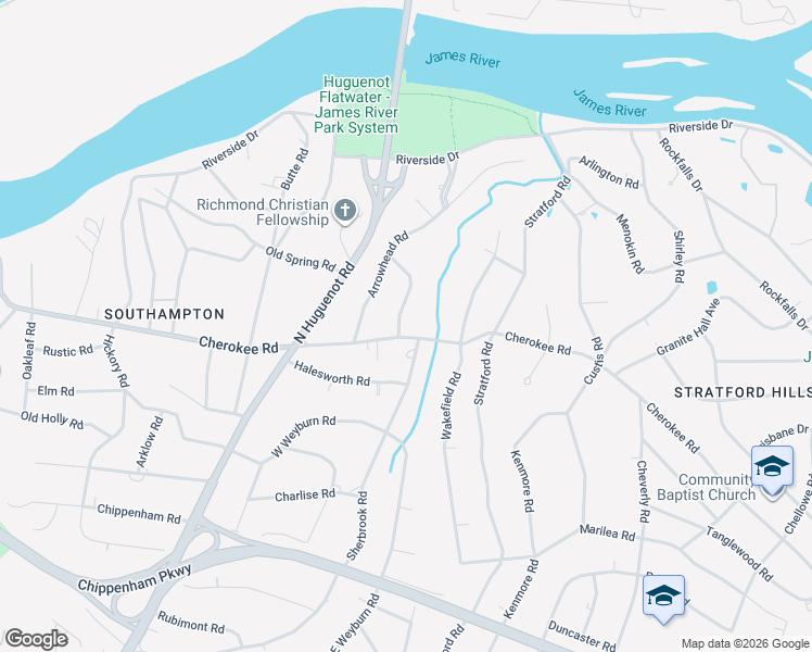 map of restaurants, bars, coffee shops, grocery stores, and more near 8310 Cherokee Road in Richmond