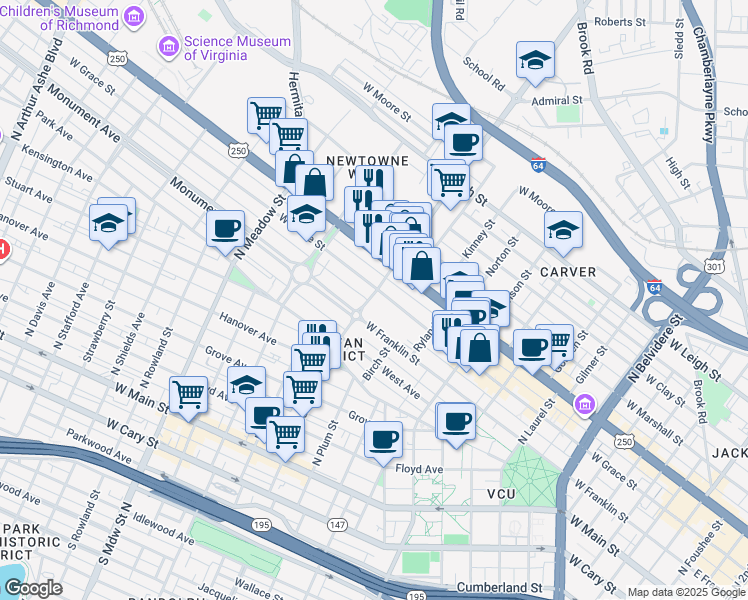 map of restaurants, bars, coffee shops, grocery stores, and more near 1140 West Grace Street in Richmond