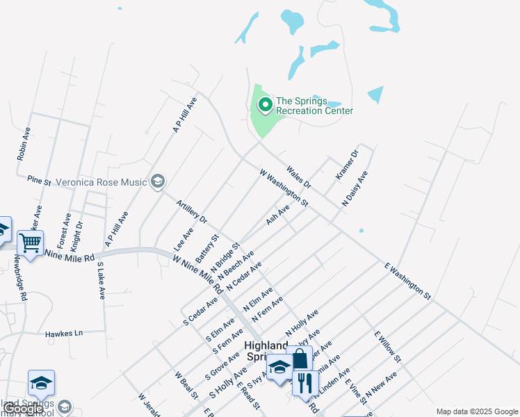 map of restaurants, bars, coffee shops, grocery stores, and more near 126 North Bridge Street in Highland Springs