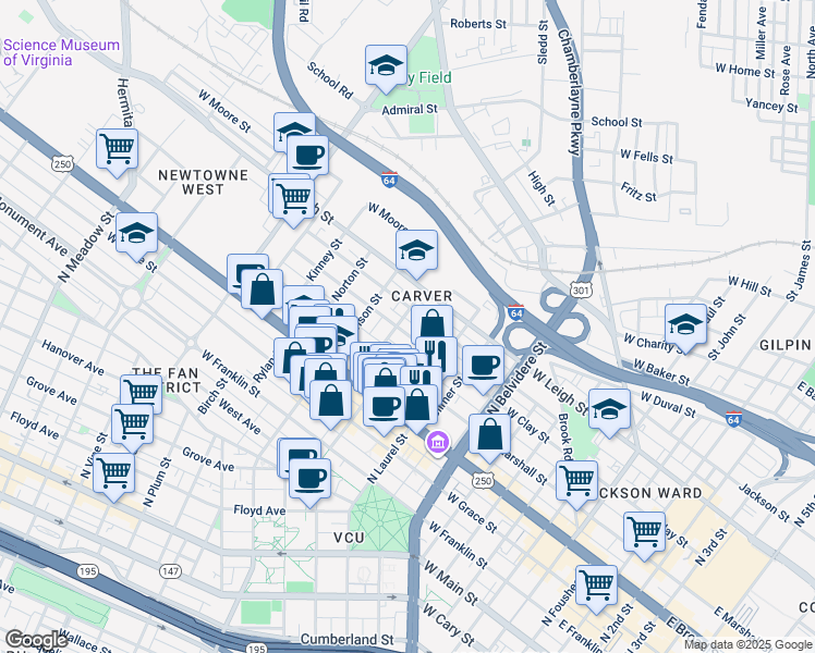 map of restaurants, bars, coffee shops, grocery stores, and more near 1014 West Clay Street in Richmond