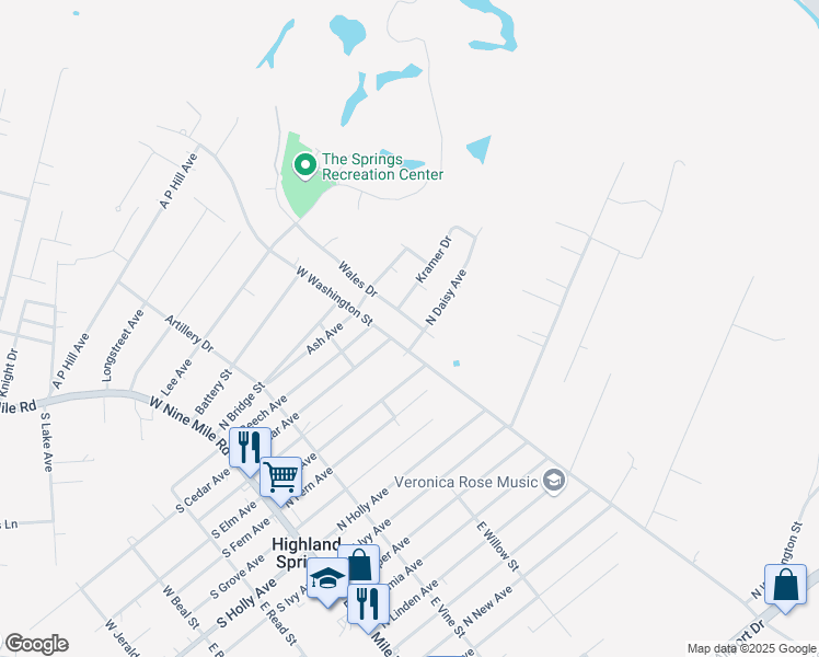 map of restaurants, bars, coffee shops, grocery stores, and more near 503 Wales Drive in Highland Springs