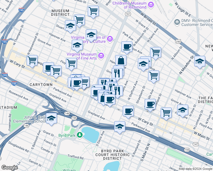 map of restaurants, bars, coffee shops, grocery stores, and more near 11 North Mulberry Street in Richmond