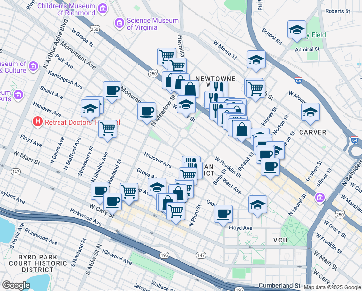map of restaurants, bars, coffee shops, grocery stores, and more near 407 North Allen Avenue in Richmond
