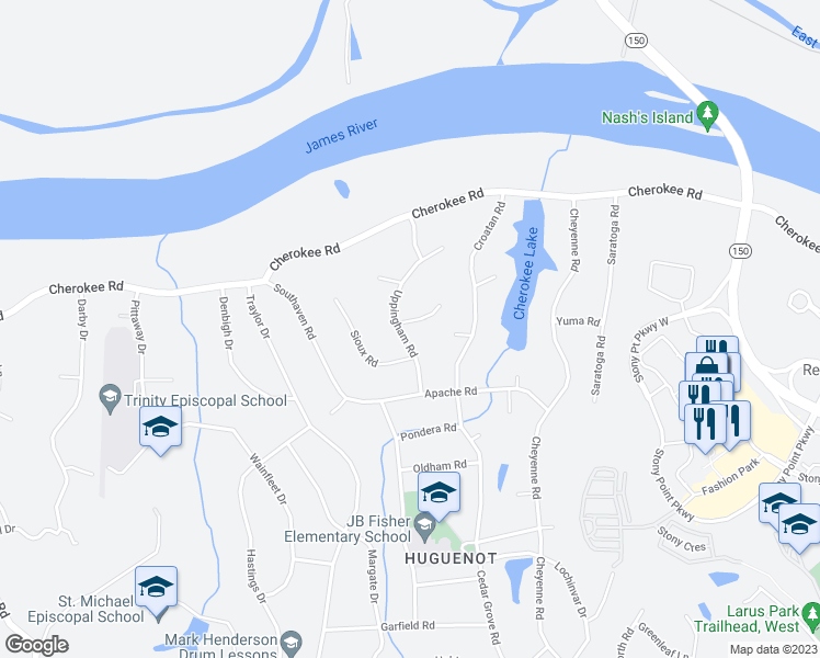 map of restaurants, bars, coffee shops, grocery stores, and more near 4201 Uppingham Road in Richmond
