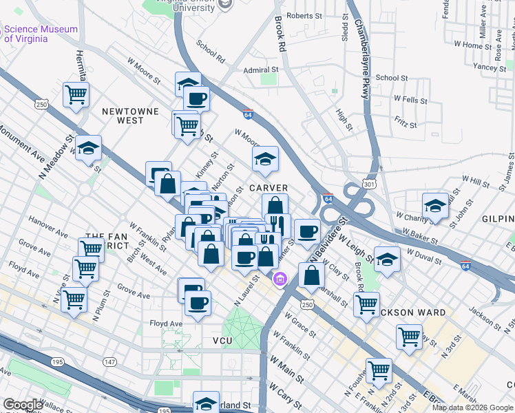 map of restaurants, bars, coffee shops, grocery stores, and more near 1016 West Clay Street in Richmond