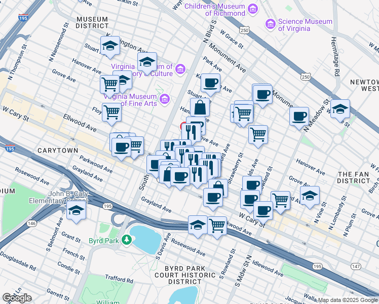 map of restaurants, bars, coffee shops, grocery stores, and more near Floyd Ave & N Robinson St in Richmond