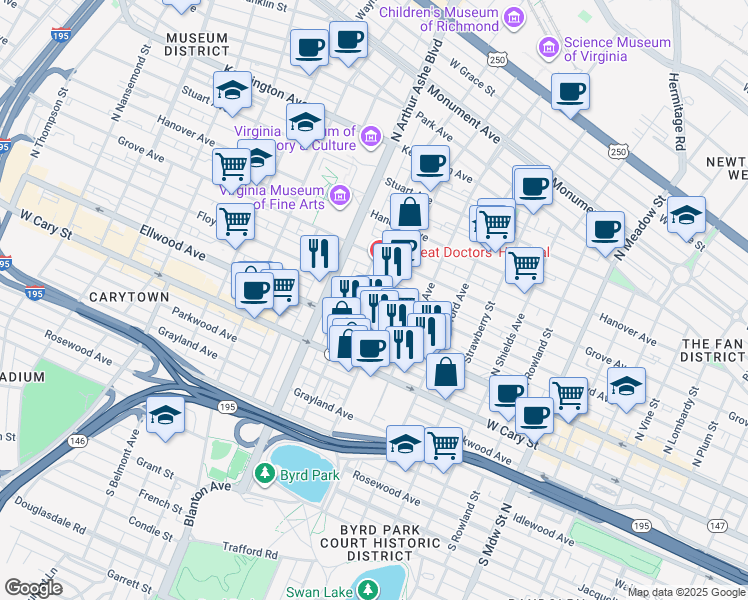 map of restaurants, bars, coffee shops, grocery stores, and more near 2617 Floyd Avenue in Richmond