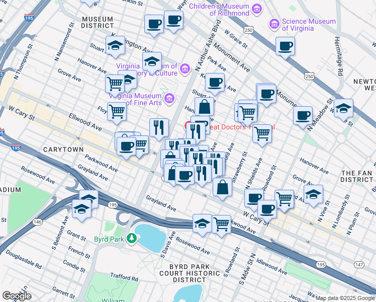 map of restaurants, bars, coffee shops, grocery stores, and more near 2611 Floyd Avenue in Richmond