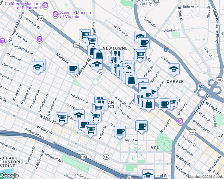 map of restaurants, bars, coffee shops, grocery stores, and more near 1600 Monument Avenue in Richmond