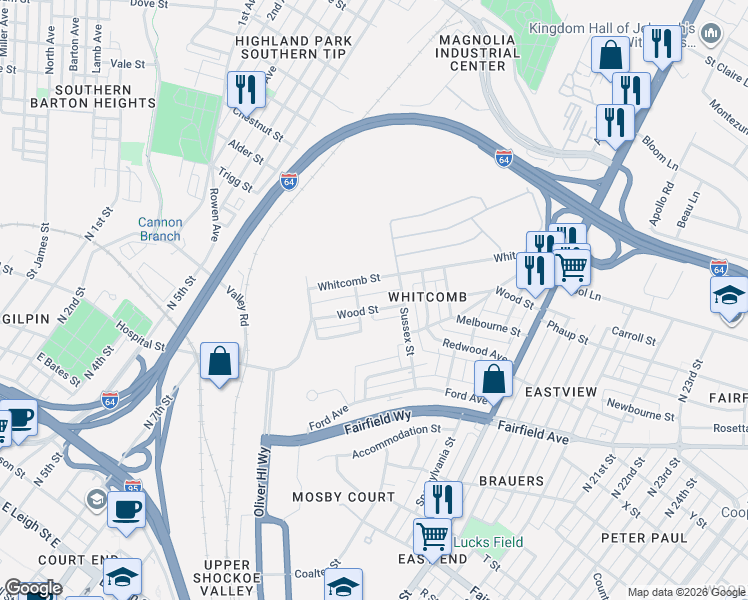 map of restaurants, bars, coffee shops, grocery stores, and more near 1900 Eastview Lane in Richmond