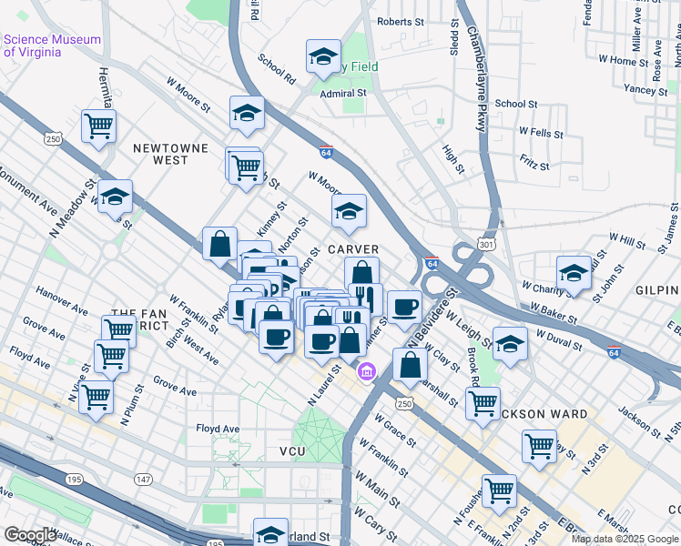map of restaurants, bars, coffee shops, grocery stores, and more near 1011 West Clay Street in Richmond