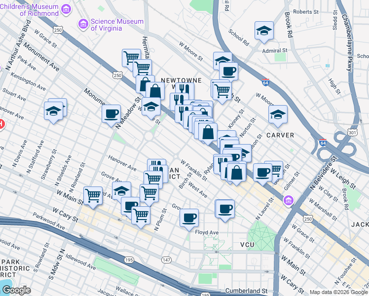map of restaurants, bars, coffee shops, grocery stores, and more near 1140 West Grace Street in Richmond
