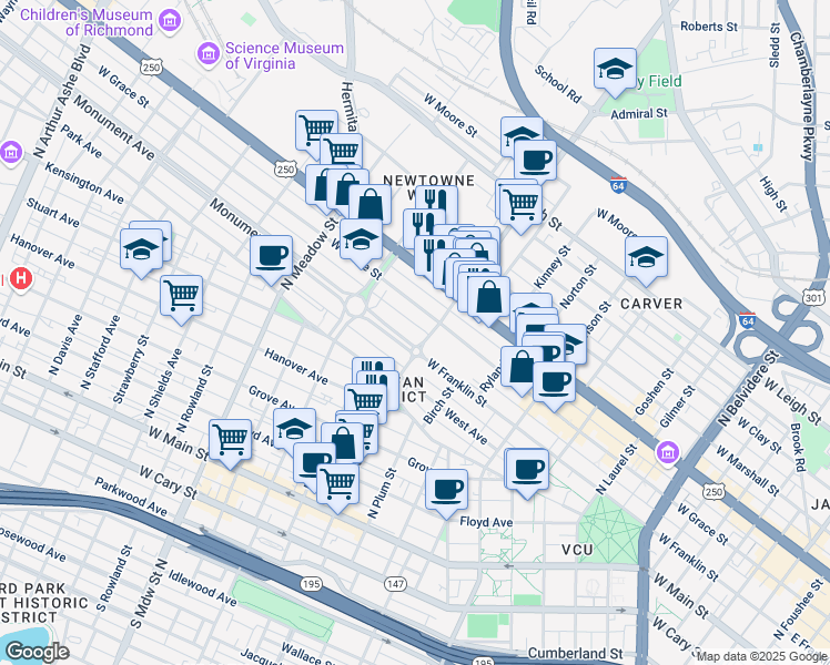 map of restaurants, bars, coffee shops, grocery stores, and more near 1609 Monument Avenue in Richmond