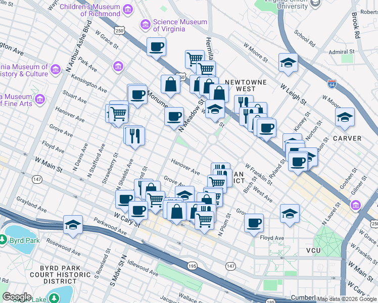 map of restaurants, bars, coffee shops, grocery stores, and more near 1801 Park Avenue in Richmond