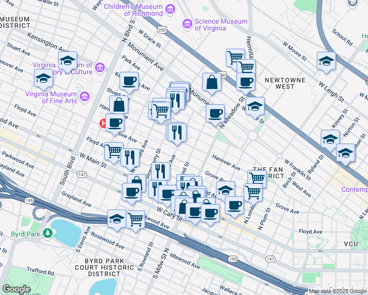 map of restaurants, bars, coffee shops, grocery stores, and more near 2100 Grove Avenue in Richmond