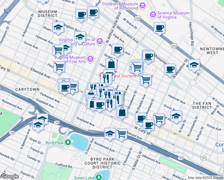 map of restaurants, bars, coffee shops, grocery stores, and more near 2511 Floyd Avenue in Richmond