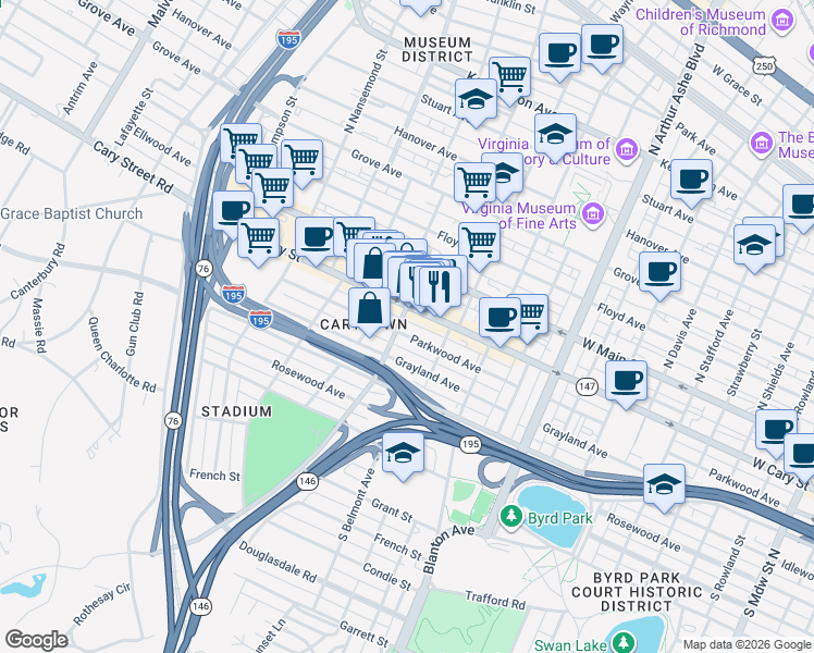 map of restaurants, bars, coffee shops, grocery stores, and more near 3137 Parkwood Avenue in Richmond