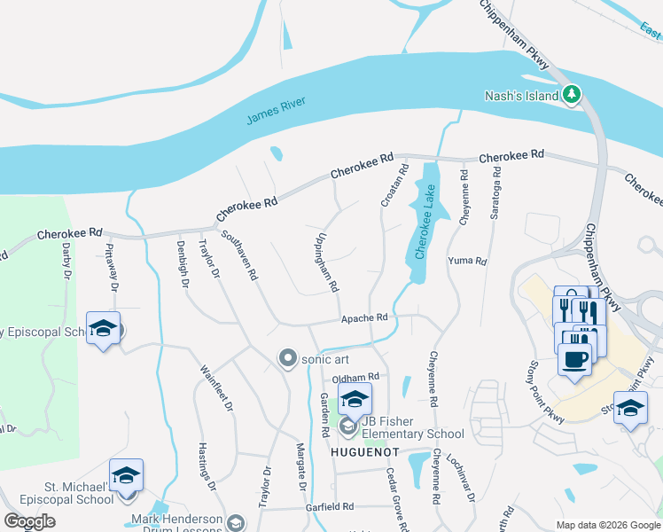 map of restaurants, bars, coffee shops, grocery stores, and more near 4201 Uppingham Road in Richmond